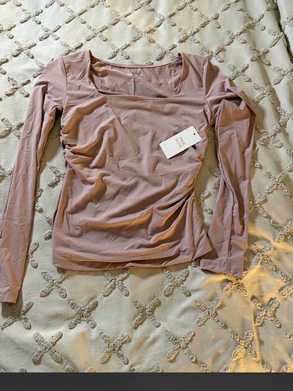 Pink Rose Ruched Long Sleeve Square Neck Top - Dusty Mauve